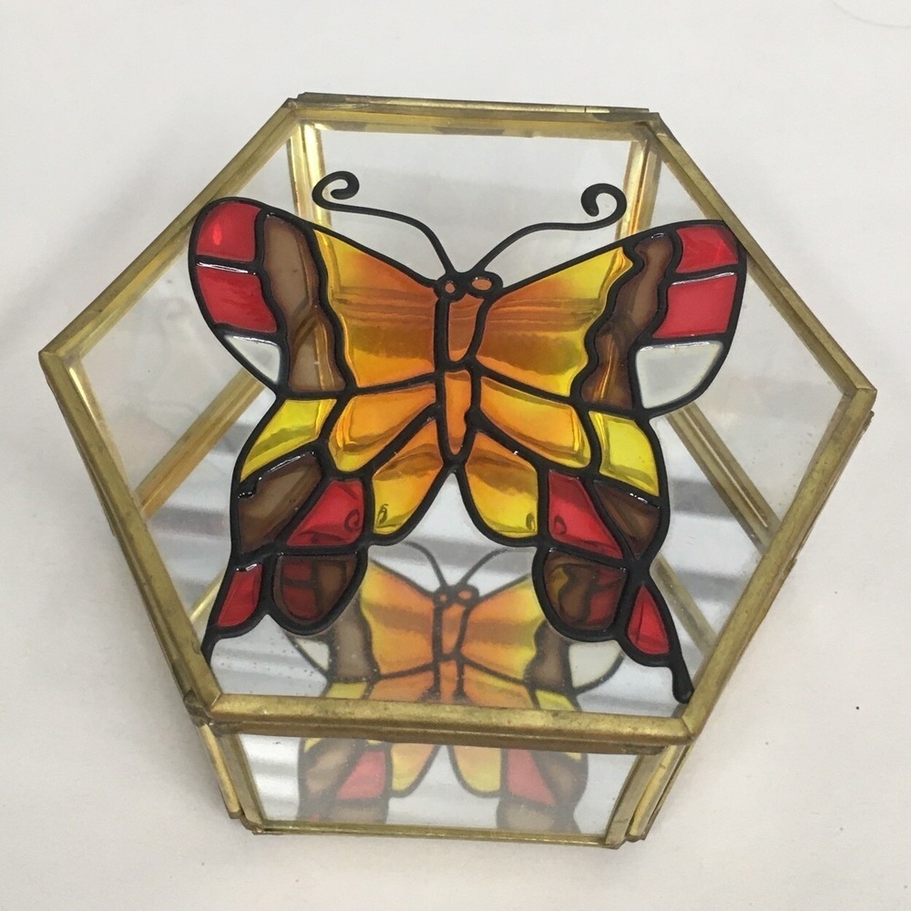 Vtg Walmart Glass & Brass Trinket Jewelry Box Mirror Bottom Painted Butterfly